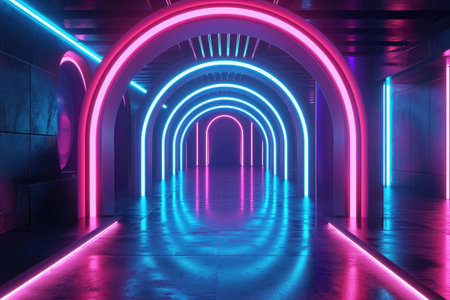 A tunnel illuminated with neon lights casting vibrant colors and creating a captivating visual experience, Eye-catching use of neon lights in a futuristic, abstract arena, AI Generatedの素材