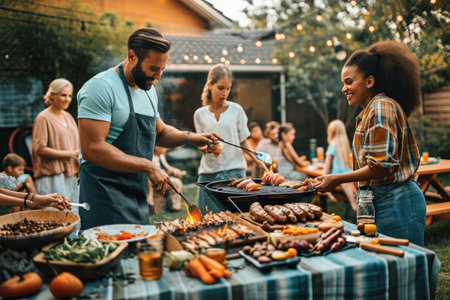 Group of People Standing Around a Table Filled With Food, Families enjoying a barbecue party in a suburban backyard, AI Generatedの素材
