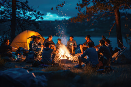 Group of People Sitting Around a Crackling Campfire in the Woods, Family and friends around a campfire, celebrating the end of a successful hiking trip, AI Generatedの素材