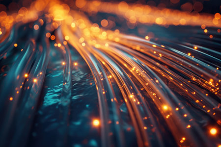 This photo captures a detailed close-up view of a jumble of interconnected wires, Fiber optic cables with light signals passing through, AI Generatedの素材