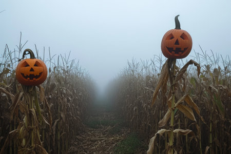 Two pumpkins stand amidst a vast corn field, showcasing the autumn harvest, Foggy cornfield with scarecrows featuring pumpkin heads, AI Generatedの素材