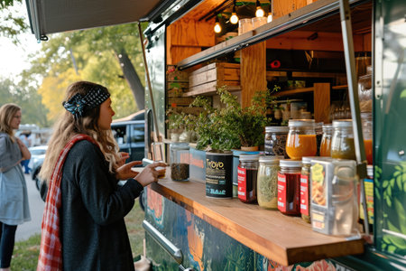 A woman stands confidently in front of a lively food truck, ready to serve delicious street food to eager customers, Food truck offering a variety of teas at an outdoor yoga event, AI Generatedの素材