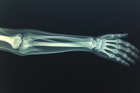 This x-ray image shows a detailed view of a human skeletons hand, highlighting the bones and joints, Forearm X-ray in a three-dimensional perspective, AI Generatedの素材