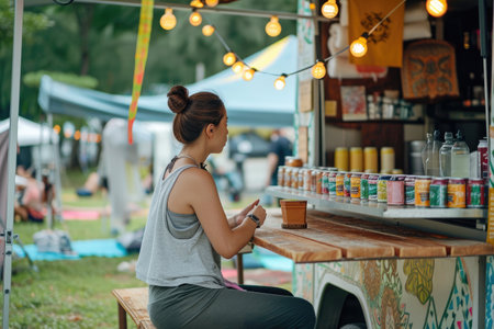 A woman sits at a food truck, absorbed in her phone while enjoying a meal, Food truck offering a variety of teas at an outdoor yoga event, AI Generatedの素材