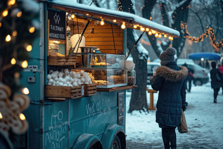 A woman stands confidently in front of a vibrant food truck, surrounded by a bustling crowd at a lively street fair, Food truck at a winter market selling hot chocolate and marshmallows, AI Generatedの素材