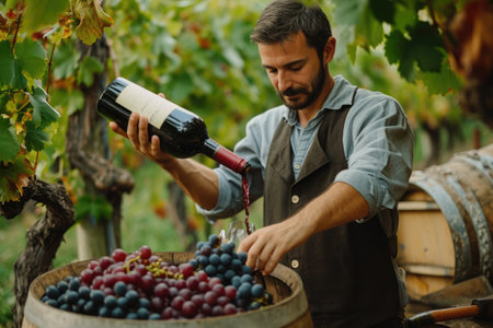 A man carefully pours a glass of wine into a large wooden barrel, French sommelier pouring wine in a rustic vineyard, AI Generatedの素材