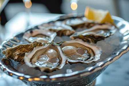 A plate is filled with fresh oysters arranged neatly, accompanied by lemon wedges, placed on a tablecloth-covered table, Fresh oysters on ice in a silver tray, AI Generatedの素材