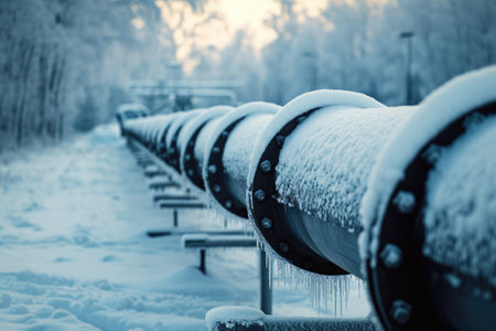A row of benches covered in snow is seen next to a forest, Frosted industrial pipelines in the biting winter cold, AI Generatedの素材