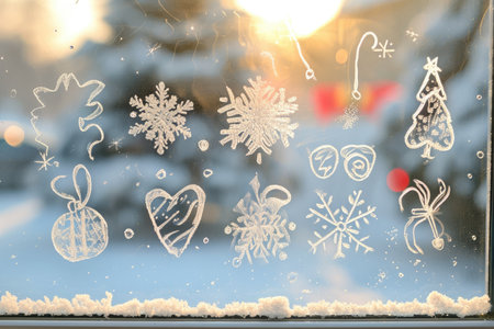 A frosted window adorned with colorful Christmas decorations and delicate snowflakes, Frosted window pane with Christmas-themed doodles, AI Generatedの素材