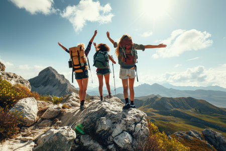 Group of People Standing on Mount Everest, Highest Peak in the World, Friends showing strength and resolution during a challenging mountain hike, AI Generatedの素材