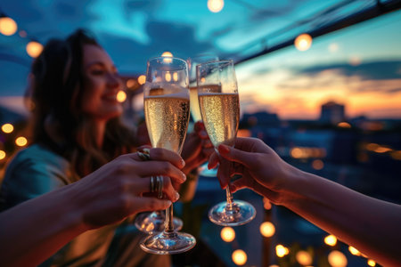 A joyful group of people raising their glasses of champagne in a toast, celebrating a special occasion together, Friends toasting champagne glasses on the rooftop under the night sky, AI Generatedの素材