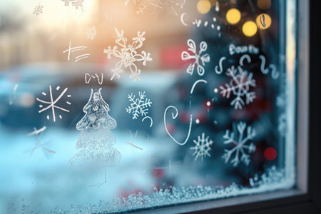 This close-up photograph captures a window covered in intricate snowflakes during a winter day, Frosted window pane with Christmas-themed doodles, AI Generatedの素材