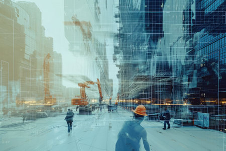 A man confidently rides a skateboard down a busy street surrounded by towering urban buildings, Futuristic building in progress overlaid with laborers at work, AI Generatedの素材