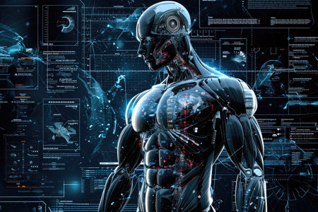 A man, dressed in futuristic attire, stands confidently in front of a computer screen, engaged in an intense activity, Futuristic anatomy of cyborg with internal view, AI Generatedの素材