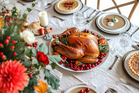 Festive Thanksgiving Table With Turkey and Assorted Food, Festive table setting with turkey, pie, and cranberries for Thanksgiving, AI Generatedの素材