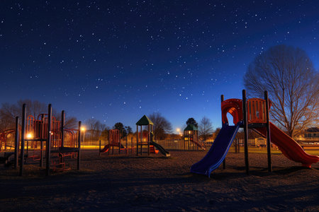 A view of a playground at night, showcasing a slide and other play structures, Empty playground under a starlit sky, AI Generatedの素材