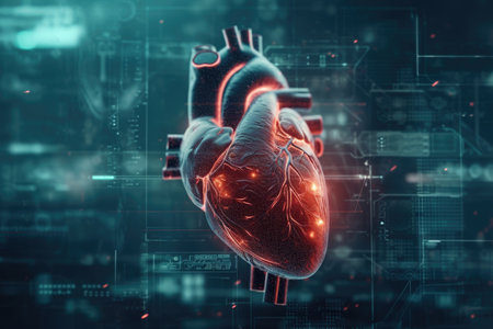 A digital image featuring a heart shape prominently positioned within a vibrant digital background, Digital twin hologram of human heart beating, AI Generatedの素材