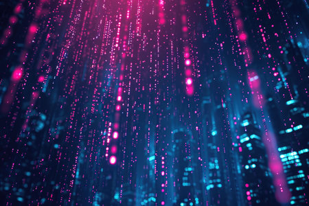 This photo showcases a vibrant blue and pink background filled with numerous tiny dots, Digital code raining down in a matrix style, AI Generatedの素材