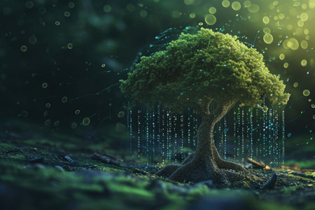 A towering oak tree stands amidst a rainfall, as raindrops glisten and cascade down its branches, A tree with leaves made of blockchain elements, AI Generatedの素材