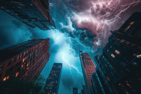 Witness the awe-inspiring sight of a lightning storm striking amidst the busy urban setting, A moody storm brewing over a skyscraper city, AI Generatedの素材