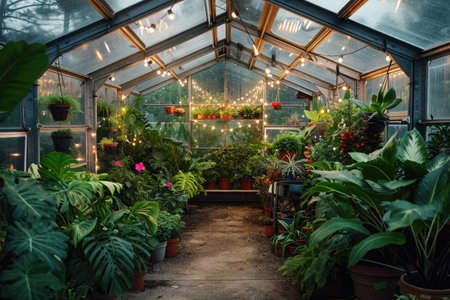 A greenhouse filled with a diverse array of plants thriving under the glow of numerous lights, Autilitarian-style greenhouse filled with tropical plants and hanging fairy lights, AI Generatedの素材