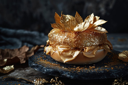 A delectable pastry adorned with shimmering gold leaves, creating an elegant and luxurious dessert, Brilliant representation of a grand luxe bagel topped with gold leaves, AI Generatedの素材