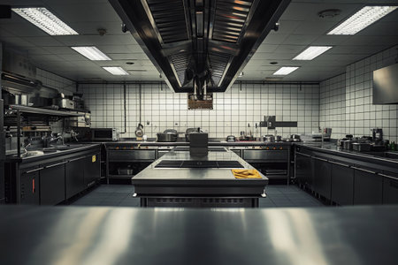 A large industrial kitchen featuring a long table, designed for efficient food preparation and service in a spacious setting, A modern minimalist design of an empty restaurant kitchen, AI Generatedの素材