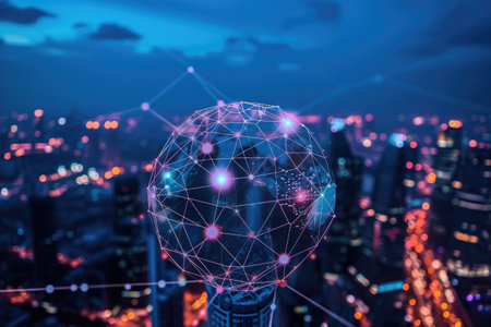 A persons head is illuminated in the foreground of a bustling city at night, creating a captivating contrast, A modernized globe monitored and maintained by blockchain technology, AI Generatedの素材