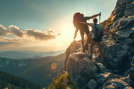 A couple of people standing on top of a mountain, taking in the breathtaking views, A hiker lending a helping hand to a friend amidst a mountain climb, AI Generatedの素材
