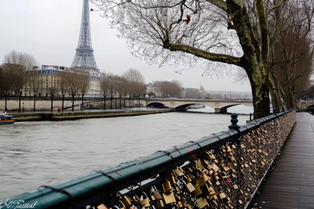 Bridge Covered in Padlocks Next to River, A Symbol of Eternal Love and Connection, A love lock bridge over the river Seine with Eiffel Tower in the background, AI Generatedの素材