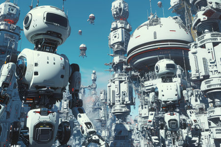 A vibrant, high-tech city set in the future, with a robot prominently positioned in the foreground, A futuristic city filled with robots, AI Generatedの素材