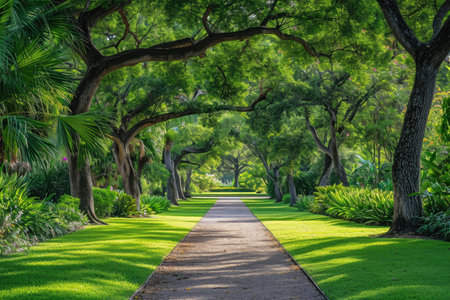 A serene pathway nestled between rows of trees guiding the way to a vibrant, lush green park, A delightful view of a tree-lined pathway in a bountiful botanical garden, AI Generatedの素材