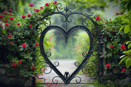 A heart shaped iron gate adorned with an array of colorful flowers, A heart-shaped gate leading to a secret garden, AI Generatedの素材