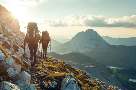 A couple of people are standing on a rocky peak of a mountain, surrounded by vast landscapes, Friends showing strength and resolution during a challenging mountain hike, AI Generatedの素材