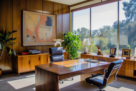 A bright and well-lit room featuring a desk, chair, and a large window with natural light pouring in, Elegant mid-century modern office, AI Generatedの素材