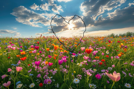A vibrant field covered with colorful flowers, arranged in the shape of a heart, standing out as the focal point, Flowers blooming in a field, forming a gigantic heart, AI Generatedの素材