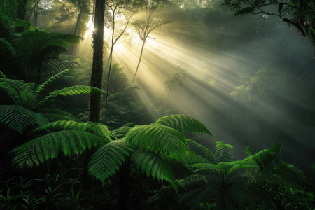 A vibrant forest teeming with a rich variety of green plants and tall trees, First light reaching a misty rainforest, AI Generatedの素材