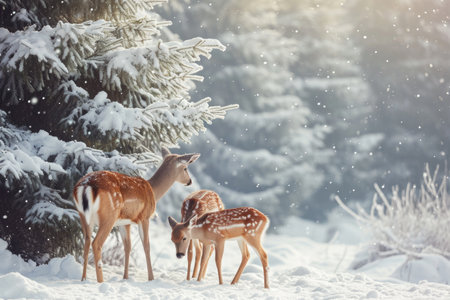Two deer gracefully standing side by side in a picturesque snowy scene, A family of deer grazing from a snow covered pine tree, AI Generatedの素材