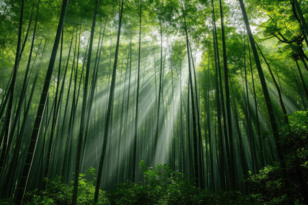 A breathtaking photo capturing the beauty of a bamboo forest teeming with an abundance of vibrant green trees, A dense bamboo forest with rays of sunlight peeking through, AI Generatedの素材