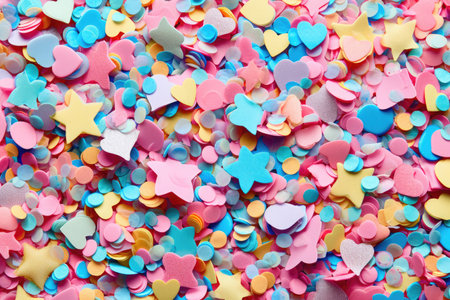 A vibrant and diverse assortment of confetti covering a table, creating a festive atmosphere, Confetti in different shapes like stars, hearts, and circles, AI Generatedの素材