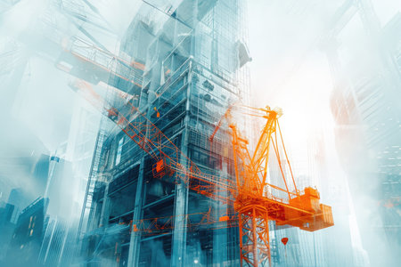 Building Under Construction With Crane in the Middle, Futuristic machinery used in construction engineering with double exposure, AI Generatedの素材