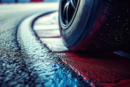 Close-Up of Car Tire on Wet Road, Detailed View of Tire Traction in Rainy Conditions, A close-up view of racing tires gripping the tarmac during a sharp turn, AI Generatedの素材