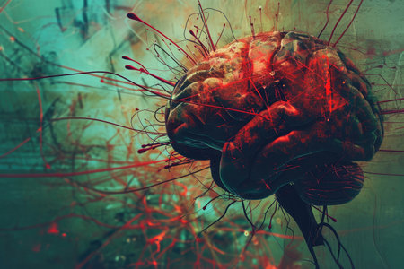 Computer Generated Image of a Human Brain Revealing Its Intricate Structure and Functions, A collage of human brain imagery interwoven with wires for a neurology podcast, AI Generatedの素材