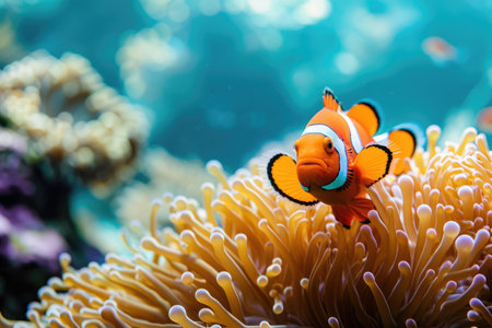 A colorful orange clown fish with vibrant stripes and fins, gracefully swimming in a serene blue background, A bright orange clownfish swimming among the coral reefs, AI Generatedの素材