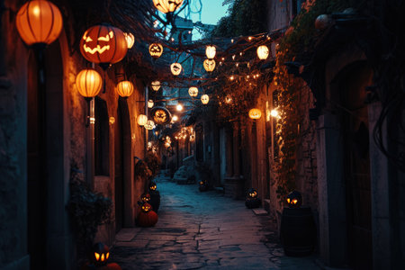 A narrow alley illuminated with lanterns hanging from the ceiling, creating a warm and inviting atmosphere, Dark Alleyway in an ancient town decorated with Halloween lanterns, AI Generatedの素材