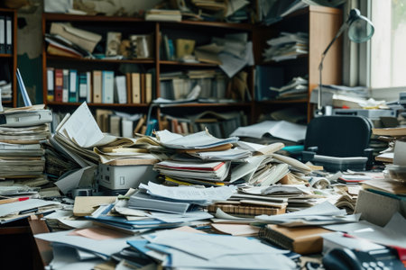 Pile of Papers on Desk, Organize, Work, Mess, Productivity, Office, Administrative, A chaotic office with piles of paperwork and scattered office supplies, AI Generatedの素材