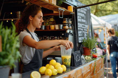A woman stands behind a counter filled with yellow lemons, Food truck selling charcoal lemonade at a health festival, AI Generatedの素材