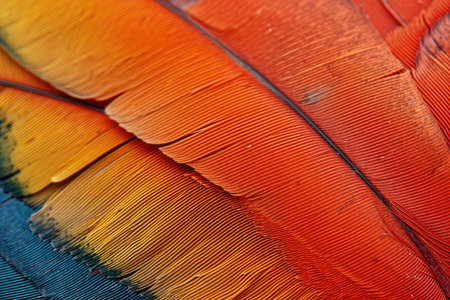 This close-up photo captures the intricate and colorful feathers of an exotic bird in vivid detail, Extreme close-up of a vibrant featherÃ¢â¬â¢s texture, AI Generatedの素材