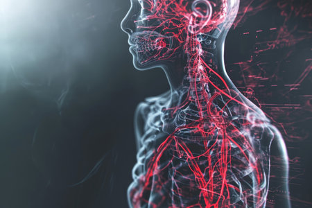 A computer-generated image of a realistic male human body showcasing detailed muscular anatomy, Digitally created X-ray interpretation of the human circulatory system in 3D, AI Generatedの素材