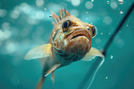 A detailed view of a fish swimming in the clear waters of a body of water, Close-up perspective of a fish struggling on the end of a fishing line, AI Generatedの素材